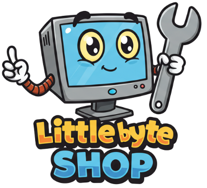 Little Byte Shop Wrenchy Rebooticus mascot - computer repair and community tech donations Chatham-Kent